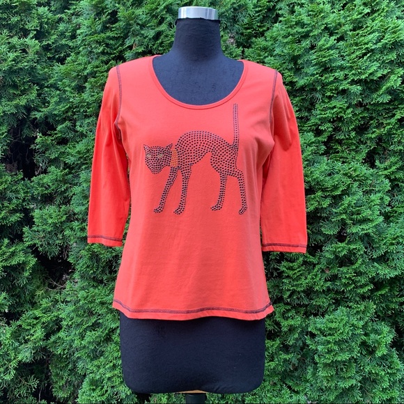 🤩3/$20 LIKE NEW Holiday Traditions Orange Halloween Black Cat TShirt Top Large - Picture 11 of 11